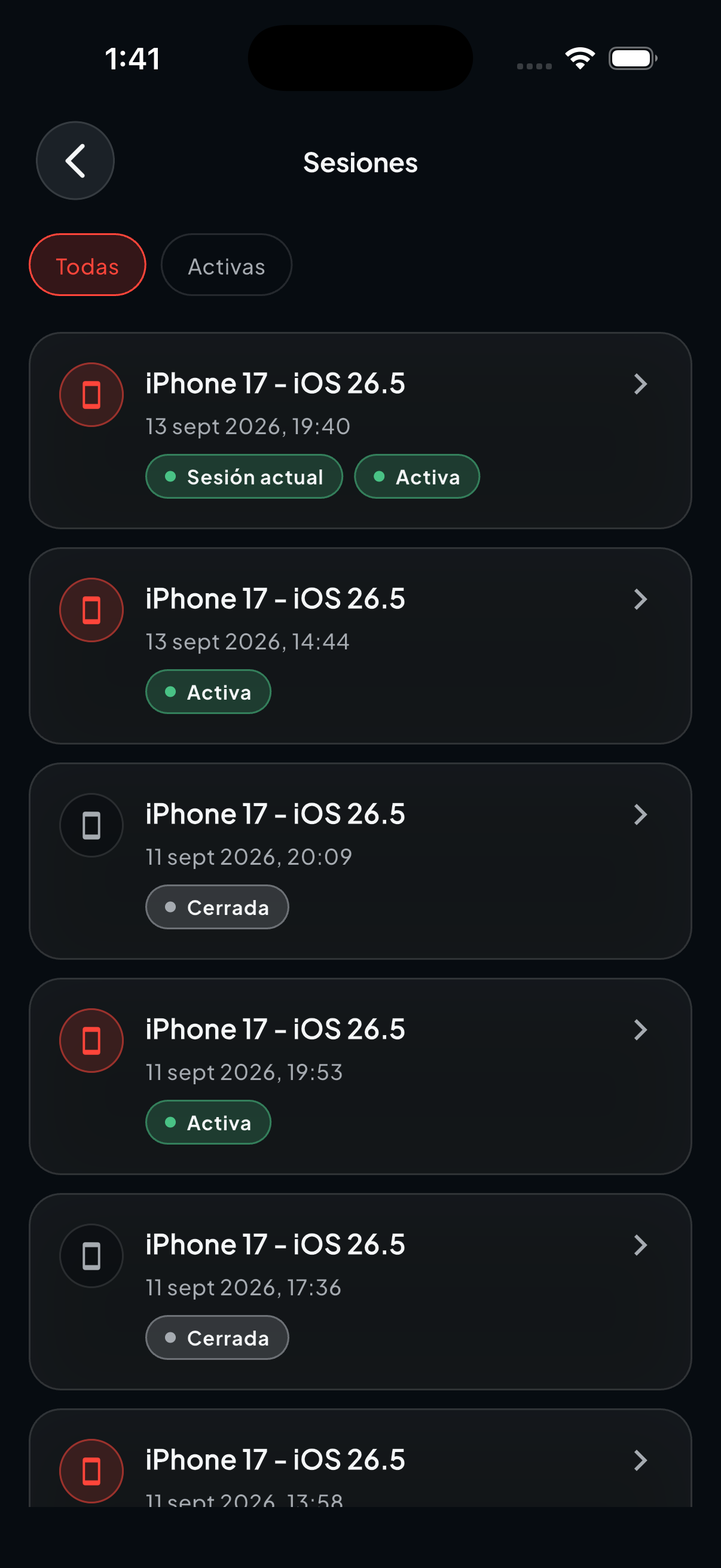 Detalle de sesión en KeyStoreMan mostrando modelo del dispositivo, sistema operativo, fecha de inicio y el botón para cerrar esa sesión.