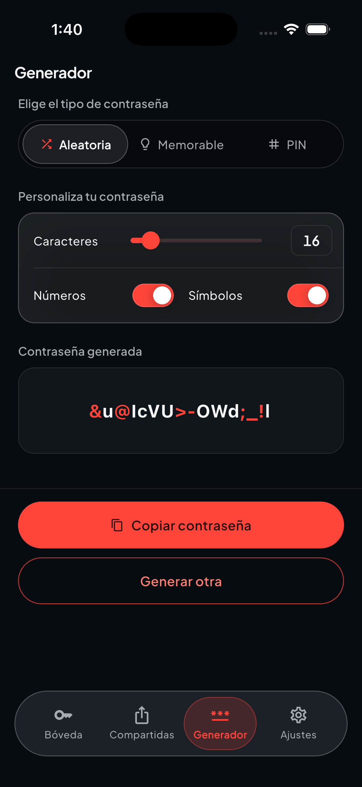 Generador de contraseñas de KeyStoreMan con los tipos aleatoria, memorable y PIN, y controles de longitud, números y símbolos.