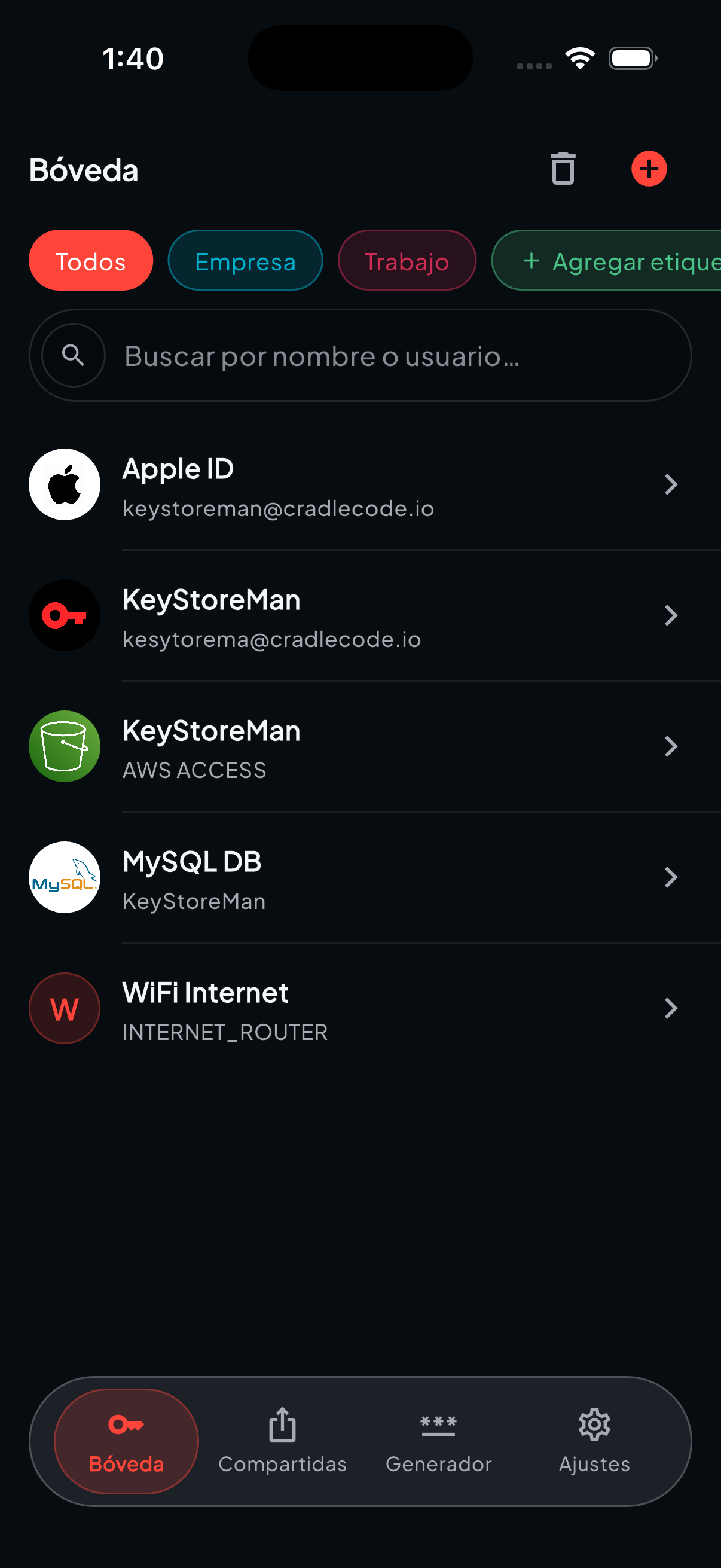 Lista de la bóveda de KeyStoreMan con credenciales guardadas, filtro por etiquetas de color y buscador por nombre o usuario.